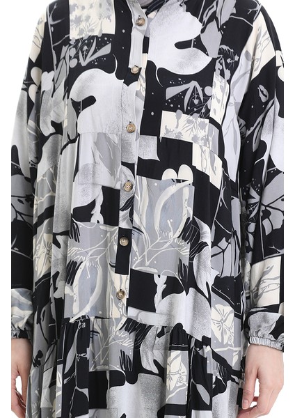 Yarım Düğmeli Desenli Elbise 2067-02 Siyah Gri indirimleri