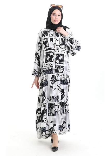Yarım Düğmeli Desenli Elbise 2067-03 Beyaz Siyah