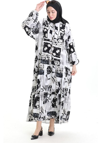Yarım Düğmeli Desenli Elbise 2067-03 Beyaz Siyah fiyatları
