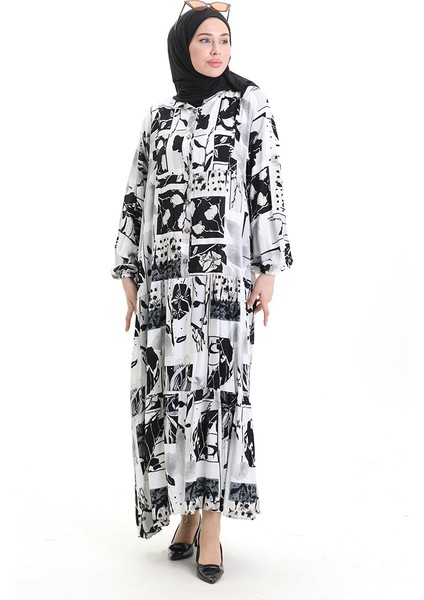 Yarım Düğmeli Desenli Elbise 2067-03 Beyaz Siyah modelleri
