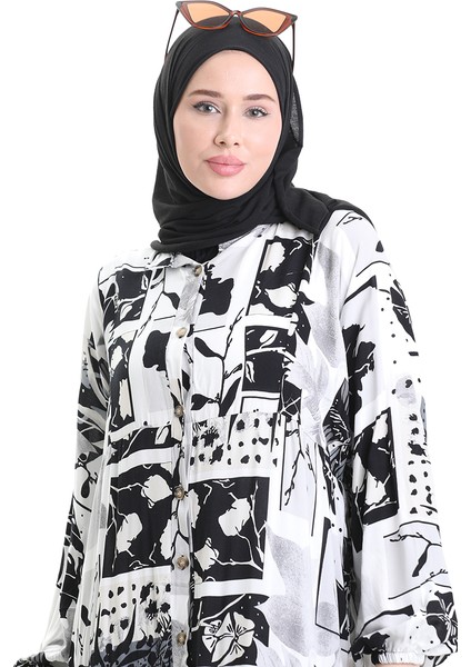 Yarım Düğmeli Desenli Elbise 2067-03 Beyaz Siyah fırsatları