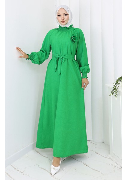 Lastik Detaylı Kuşaklı Elbise 2063-04 Yeşil