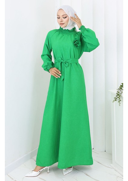 Lastik Detaylı Kuşaklı Elbise 2063-04 Yeşil fiyatları