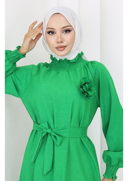 Lastik Detaylı Kuşaklı Elbise 2063-04 Yeşil modelleri