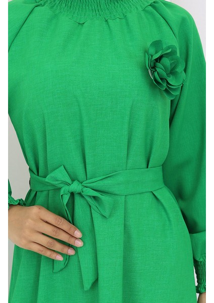 Lastik Detaylı Kuşaklı Elbise 2063-04 Yeşil fırsatları