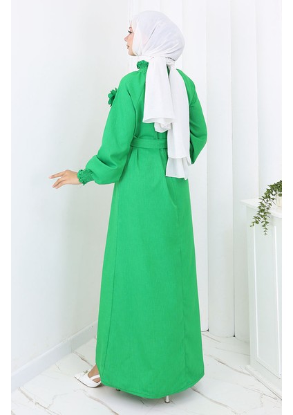 Lastik Detaylı Kuşaklı Elbise 2063-04 Yeşil indirimleri