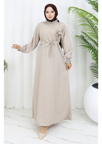 Lastik Detaylı Kuşaklı Elbise 2063-02 Vizon