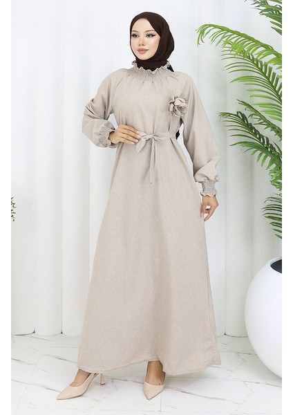 Lastik Detaylı Kuşaklı Elbise 2063-02 Vizon fiyatları