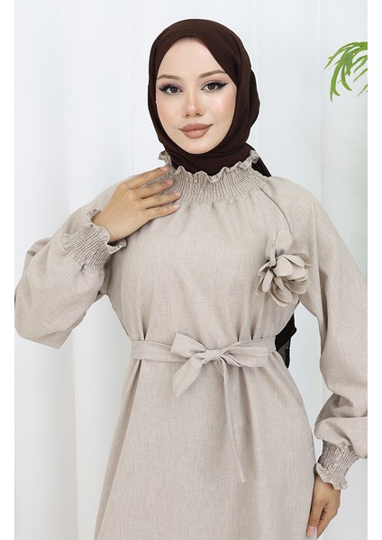 Lastik Detaylı Kuşaklı Elbise 2063-02 Vizon modelleri