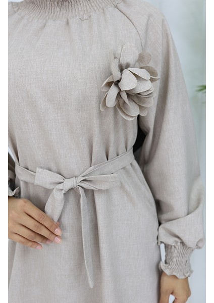 Lastik Detaylı Kuşaklı Elbise 2063-02 Vizon fırsatları