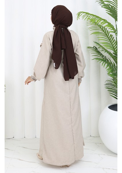 Lastik Detaylı Kuşaklı Elbise 2063-02 Vizon indirimleri