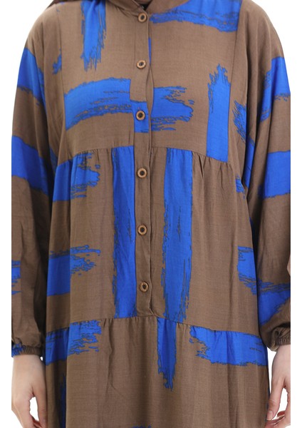 Yarım Düğmeli Desenli Elbise 2069-04 Kahverengi Saks fırsatları