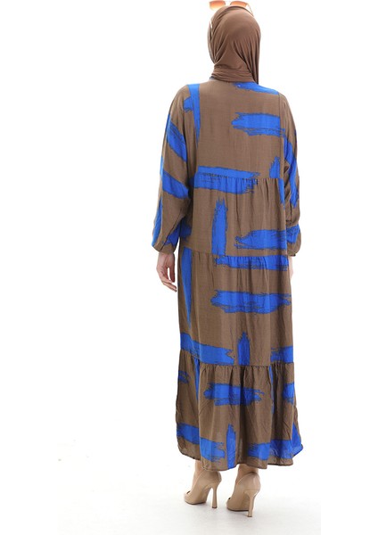 Yarım Düğmeli Desenli Elbise 2069-04 Kahverengi Saks indirimleri