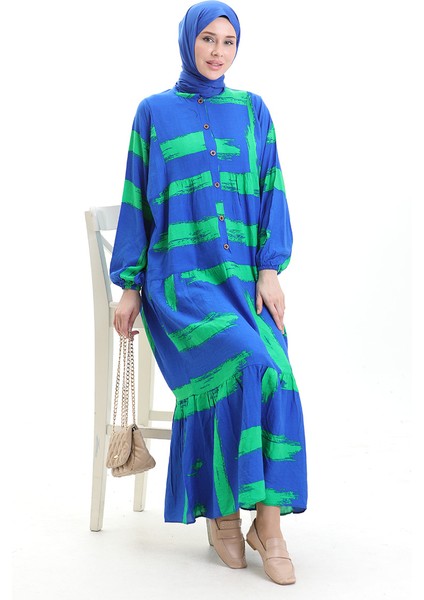 Yarım Düğmeli Desenli Elbise 2069-02 Saks Yeşil