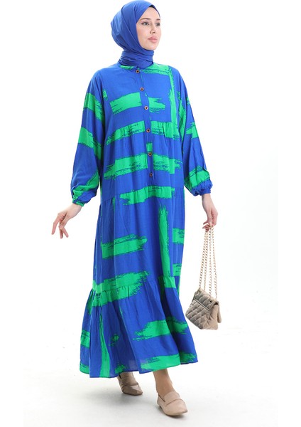 Yarım Düğmeli Desenli Elbise 2069-02 Saks Yeşil fiyatları