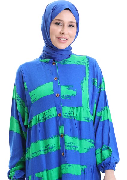 Yarım Düğmeli Desenli Elbise 2069-02 Saks Yeşil fırsatları