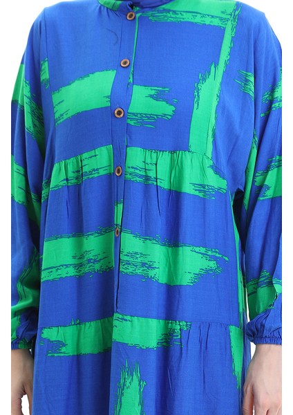 Yarım Düğmeli Desenli Elbise 2069-02 Saks Yeşil indirimleri