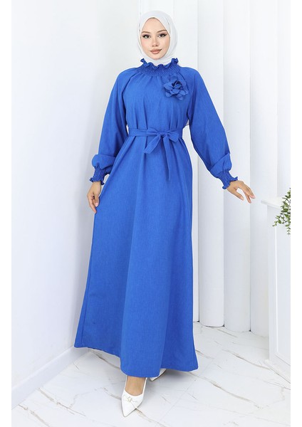 Lastik Detaylı Kuşaklı Elbise 2063-05 Saks