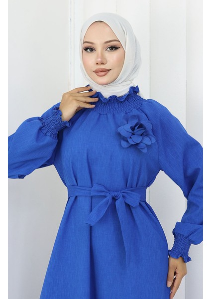 Lastik Detaylı Kuşaklı Elbise 2063-05 Saks