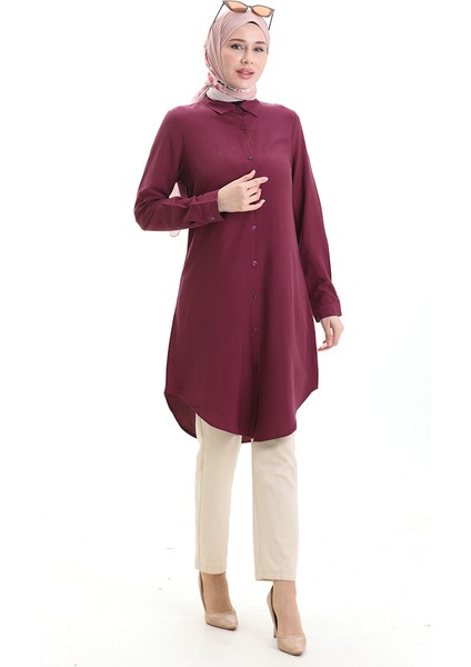 Düğmeli Viskon Tunik 6116-02 Mürdüm modelleri