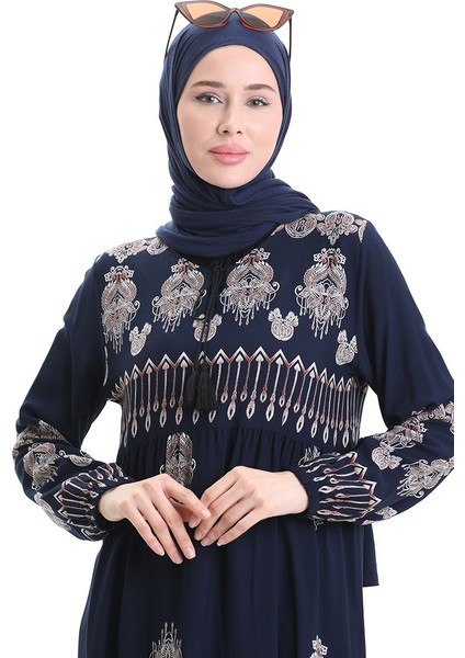 Viskon Kumaş Desenli Elbise 4078-03 Lacivert fırsatları