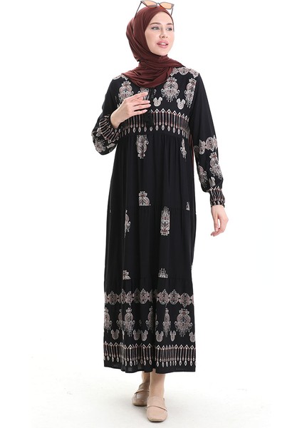 Viskon Kumaş Desenli Elbise 4078-05 Siyah fiyatları