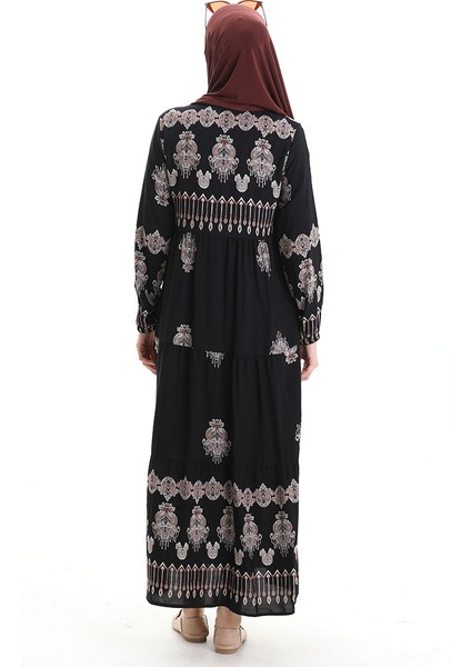 Viskon Kumaş Desenli Elbise 4078-05 Siyah indirimleri