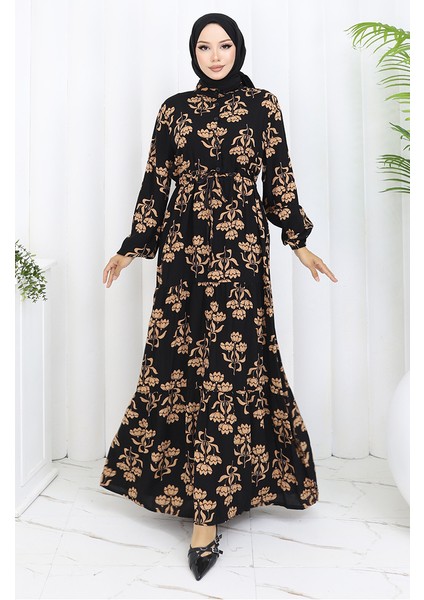 Yarım Düğmeli Desenli Elbise 2052-05 Siyah Sütlü Kahve