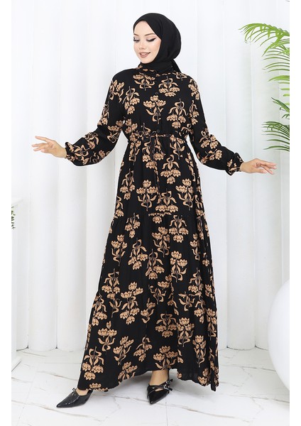 Yarım Düğmeli Desenli Elbise 2052-05 Siyah Sütlü Kahve fiyatları