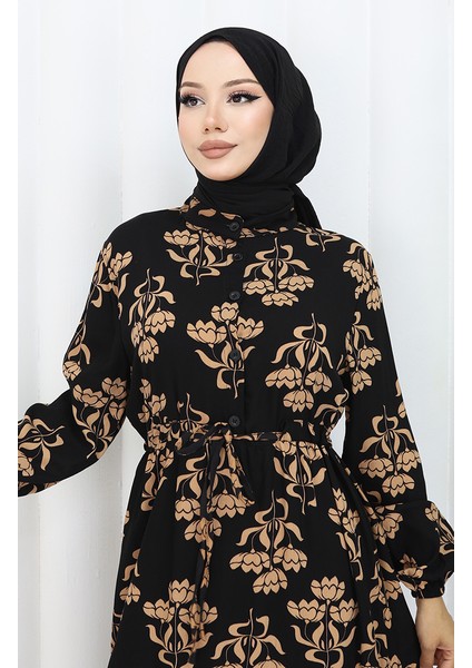 Yarım Düğmeli Desenli Elbise 2052-05 Siyah Sütlü Kahve modelleri