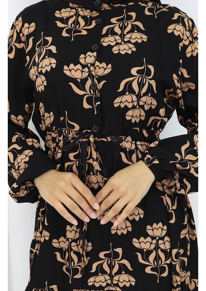 Yarım Düğmeli Desenli Elbise 2052-05 Siyah Sütlü Kahve fırsatları