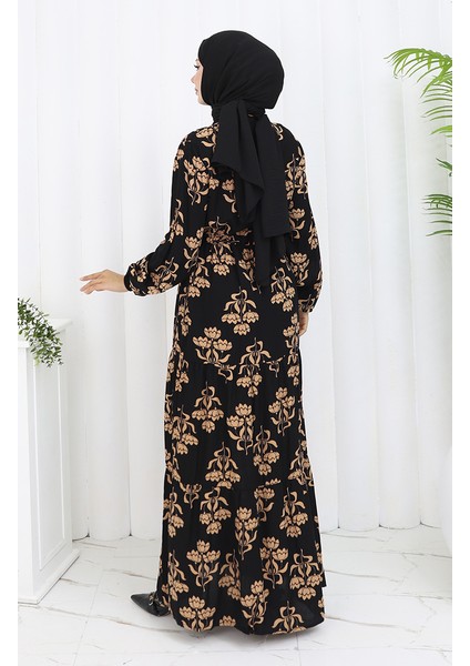 Yarım Düğmeli Desenli Elbise 2052-05 Siyah Sütlü Kahve indirimleri