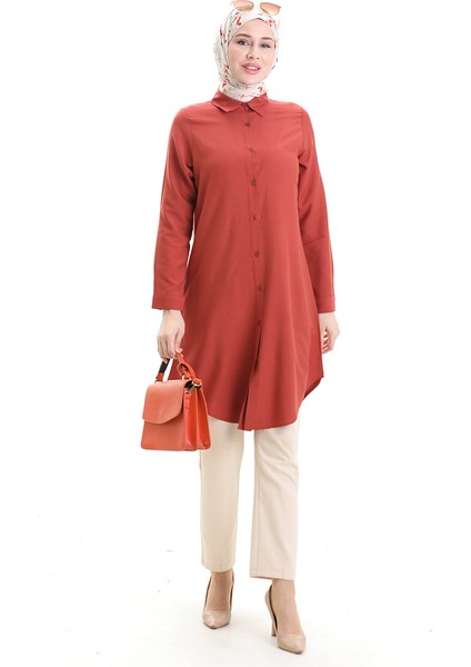 Düğmeli Viskon Tunik 6116-04 Koyu Soğan Kabuğu