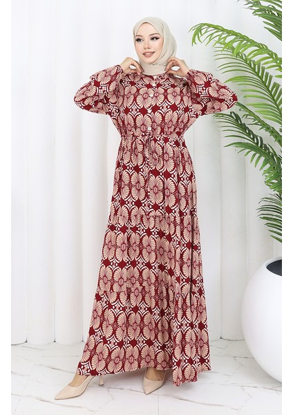 Viskon Kumaş Düğmeli Desenli Elbise 2053-04 Bordo Vizon fiyatları