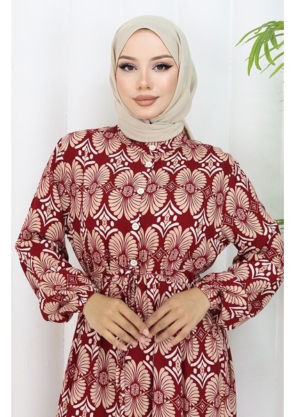 Viskon Kumaş Düğmeli Desenli Elbise 2053-04 Bordo Vizon modelleri