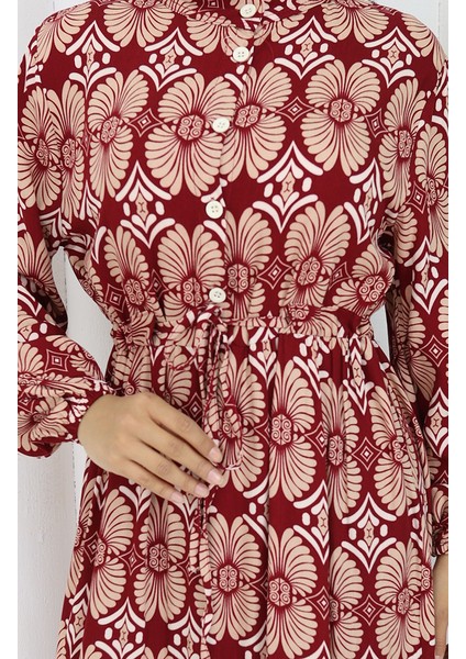 Viskon Kumaş Düğmeli Desenli Elbise 2053-04 Bordo Vizon fırsatları