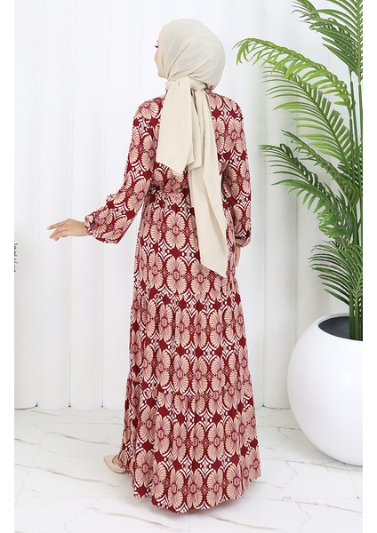 Viskon Kumaş Düğmeli Desenli Elbise 2053-04 Bordo Vizon indirimleri