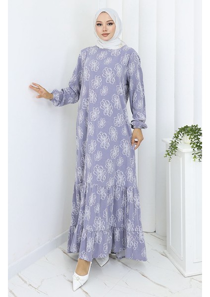 Kolu Lastikli Desenli Elbise 2056-02 Gümüş Gri