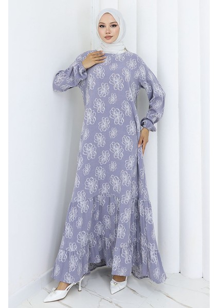 Kolu Lastikli Desenli Elbise 2056-02 Gümüş Gri fiyatları