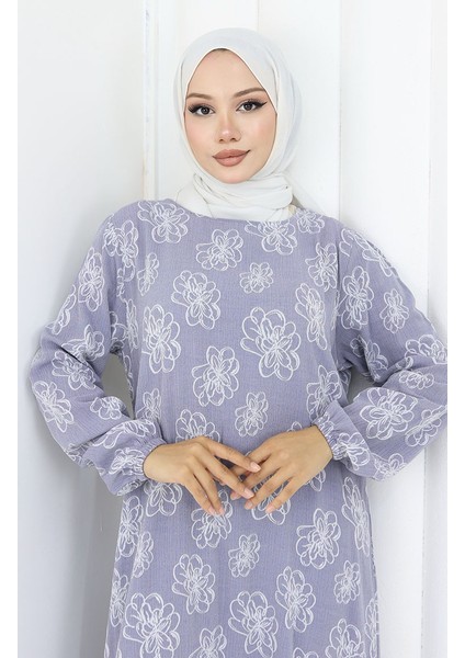 Kolu Lastikli Desenli Elbise 2056-02 Gümüş Gri modelleri