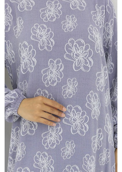 Kolu Lastikli Desenli Elbise 2056-02 Gümüş Gri fırsatları