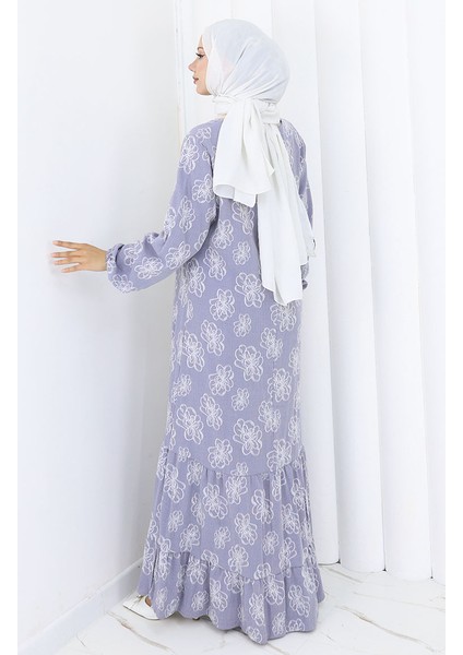 Kolu Lastikli Desenli Elbise 2056-02 Gümüş Gri indirimleri