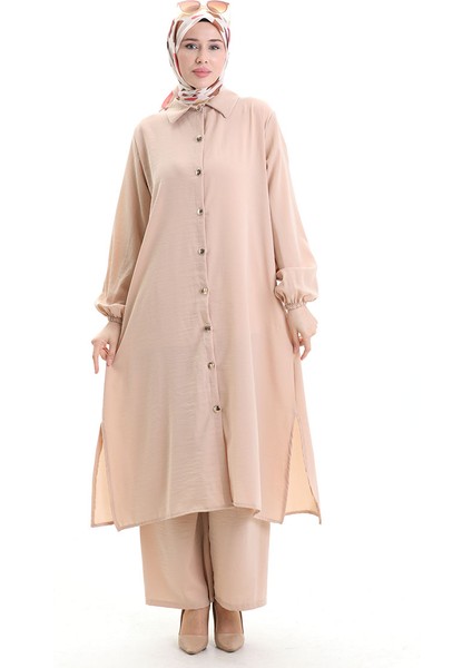 Düğmeli Uzun Tunik Pantolon Ikili Takım 0089-09 Vizon