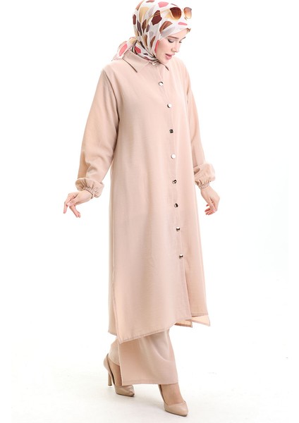 Düğmeli Uzun Tunik Pantolon Ikili Takım 0089-09 Vizon modelleri