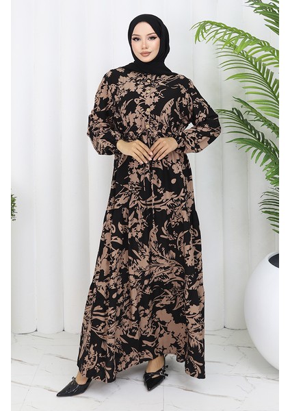 Viskon Kumaş Desenli Elbise 2054-04 Siyah Vizon