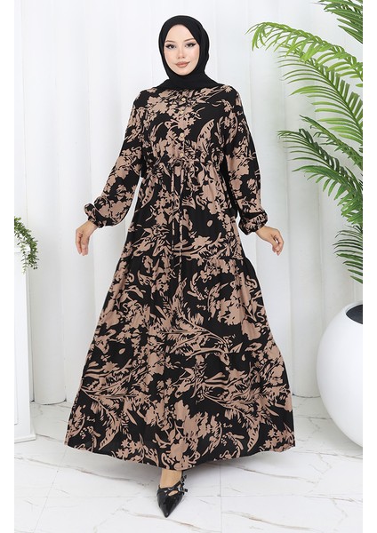 Viskon Kumaş Desenli Elbise 2054-04 Siyah Vizon fiyatları