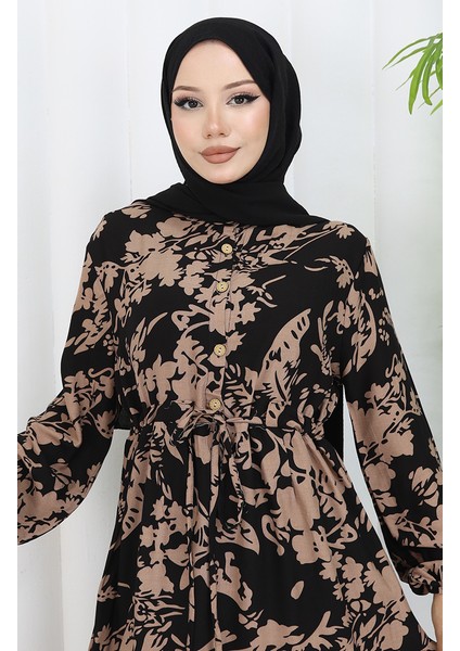 Viskon Kumaş Desenli Elbise 2054-04 Siyah Vizon modelleri