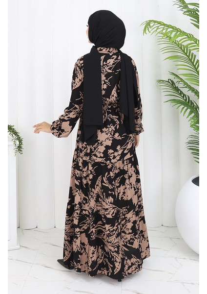 Viskon Kumaş Desenli Elbise 2054-04 Siyah Vizon indirimleri