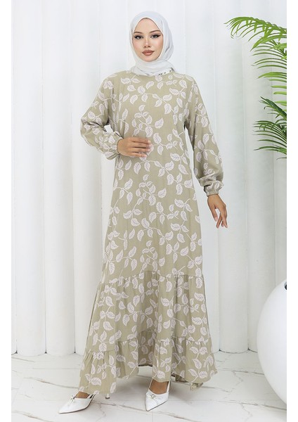 Kolu Lastikli Desenli Elbise 2055-02 Çağla Yeşili