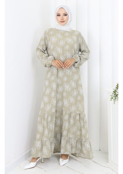 Kolu Lastikli Desenli Elbise 2056-01 Çağla Yeşili